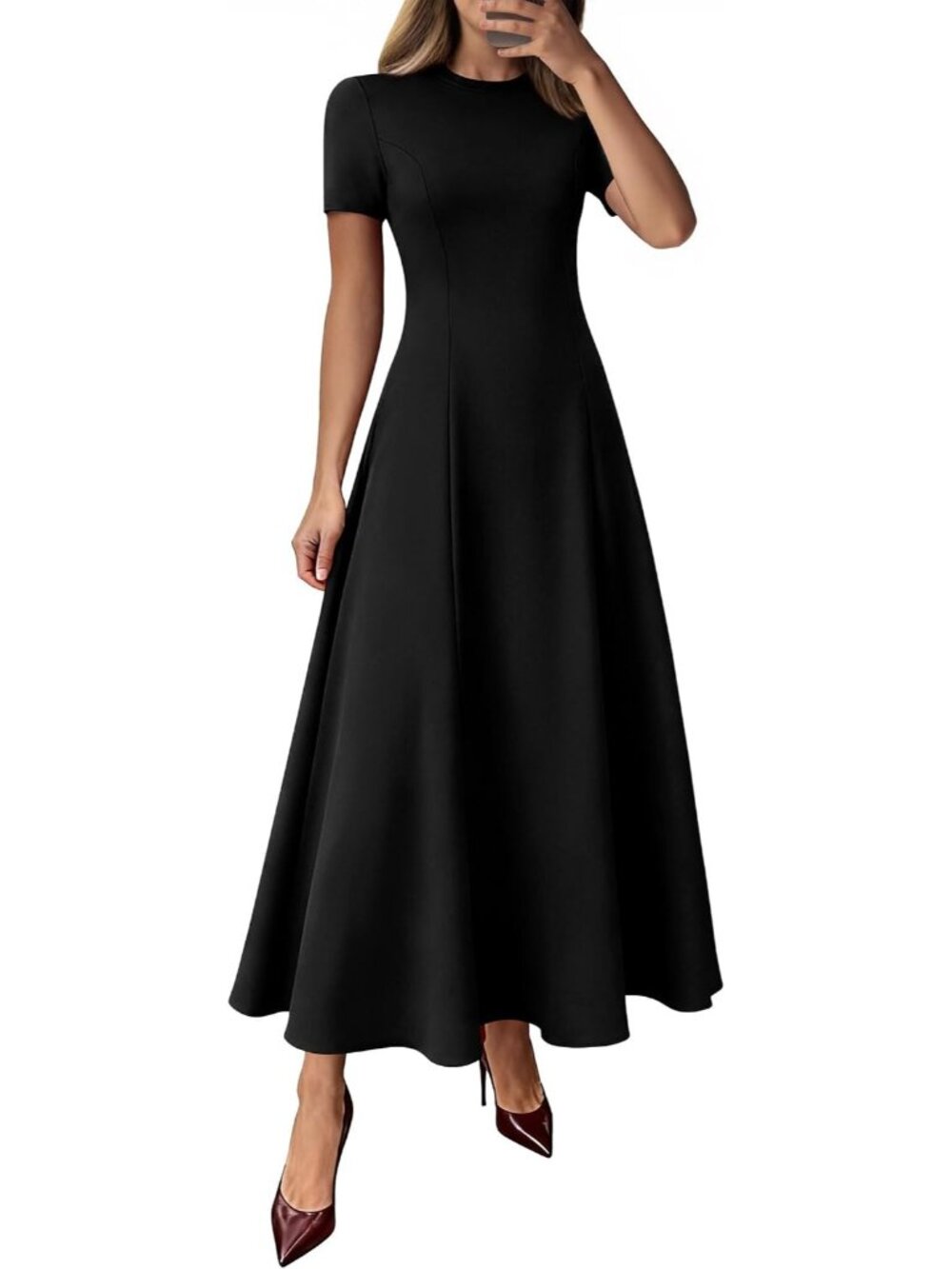 Women's Black Crewneck Short Sleeve A Line High Waist Wedding Guest Maxi Dresses